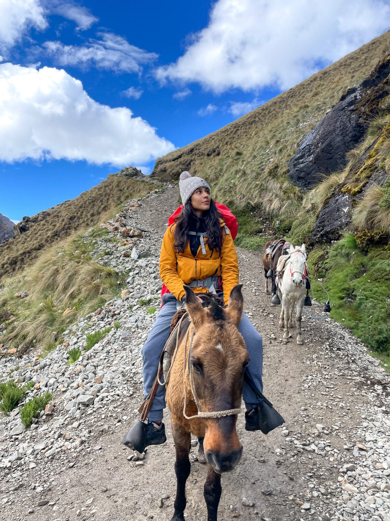 Thais riding on horseback through a trail with horses trailing behind mountain and sky in the back