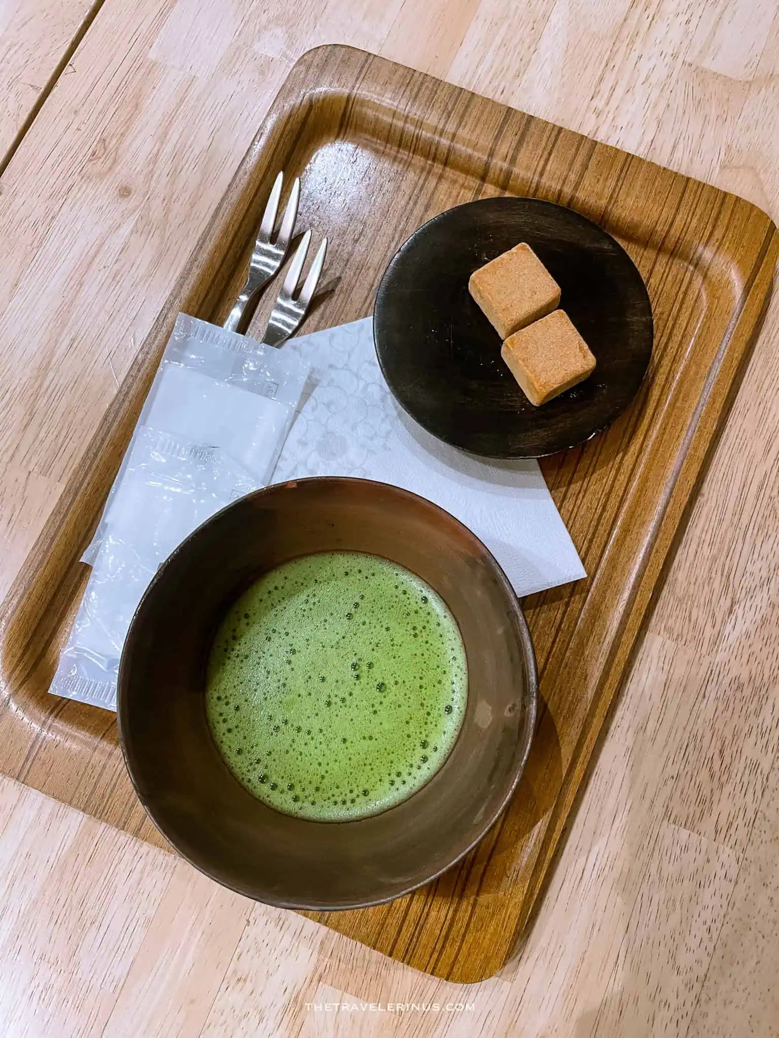 Matcha drink and a cookie in Kyoto
