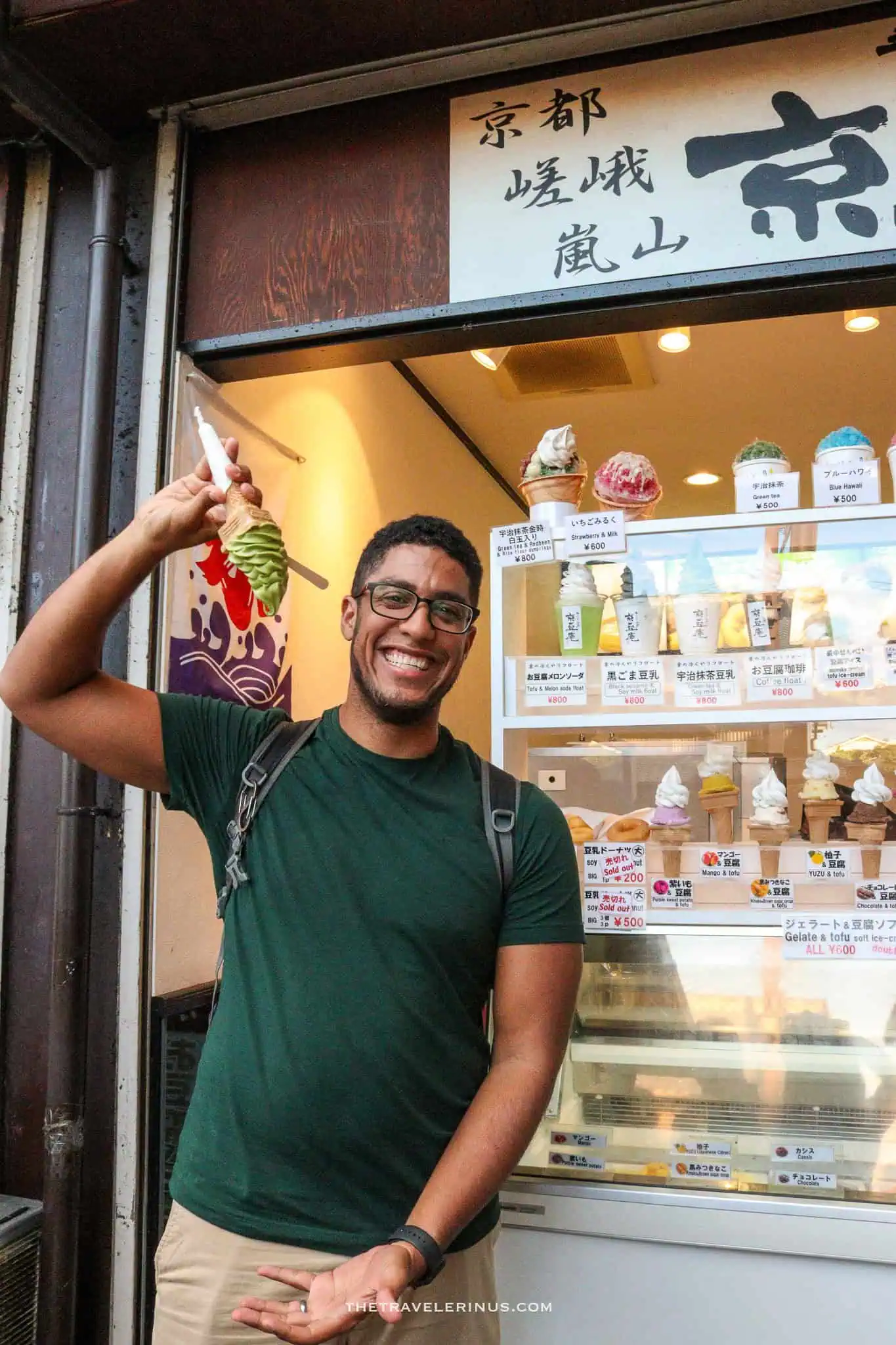 Kelvyn holding a matcha ice cream in Arashiyama Kyoto 